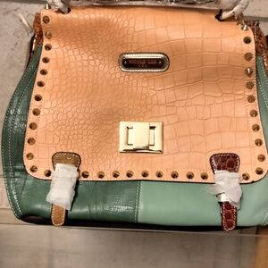 Nicole Lee Mallory Two-Tone Leather Satchel- Tan and Mint